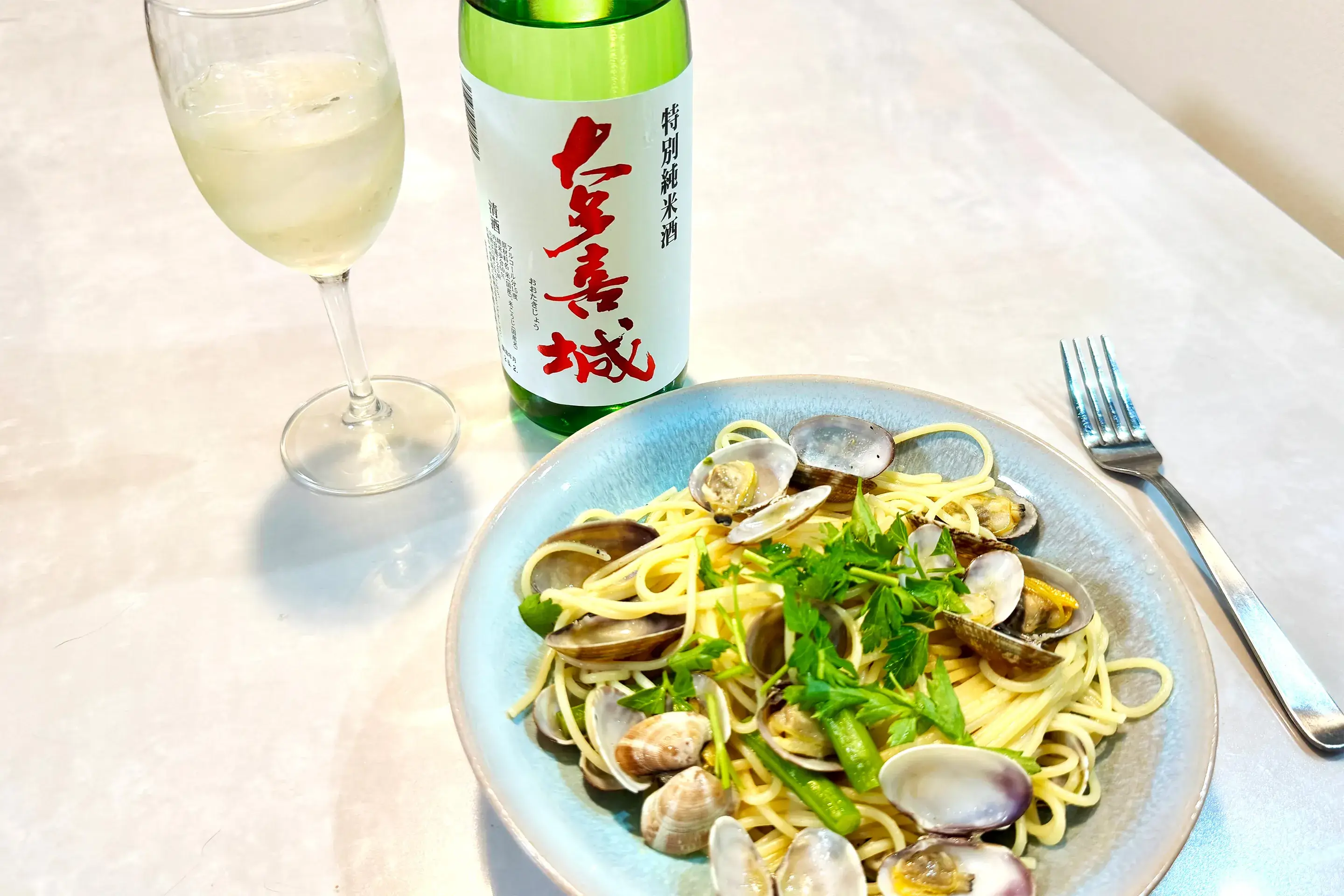 大多喜城特別純米生貯蔵酒と南房総で採れたあさりのパスタとの組み合わせ